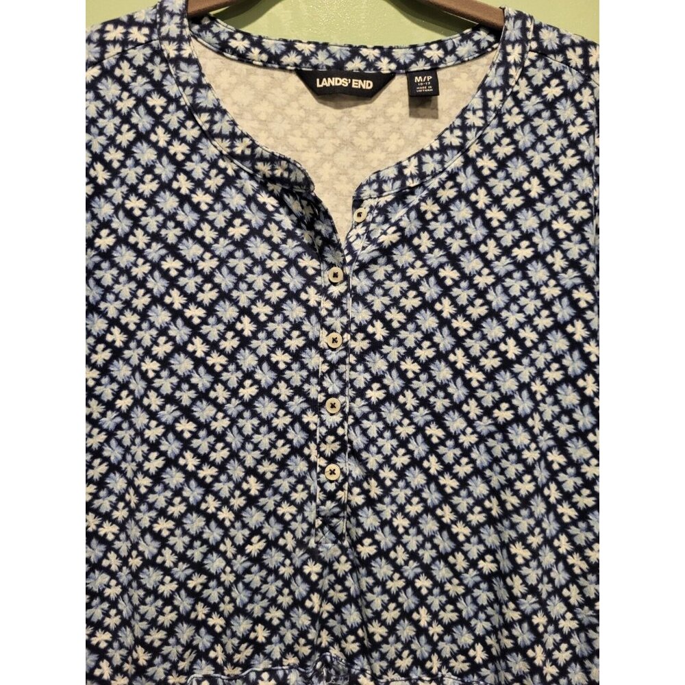 New Lands End Blue Print 3/4 Sleeve 1/4 Button Tie Waist Dress Sz M Pockets - Picture 3 of 9